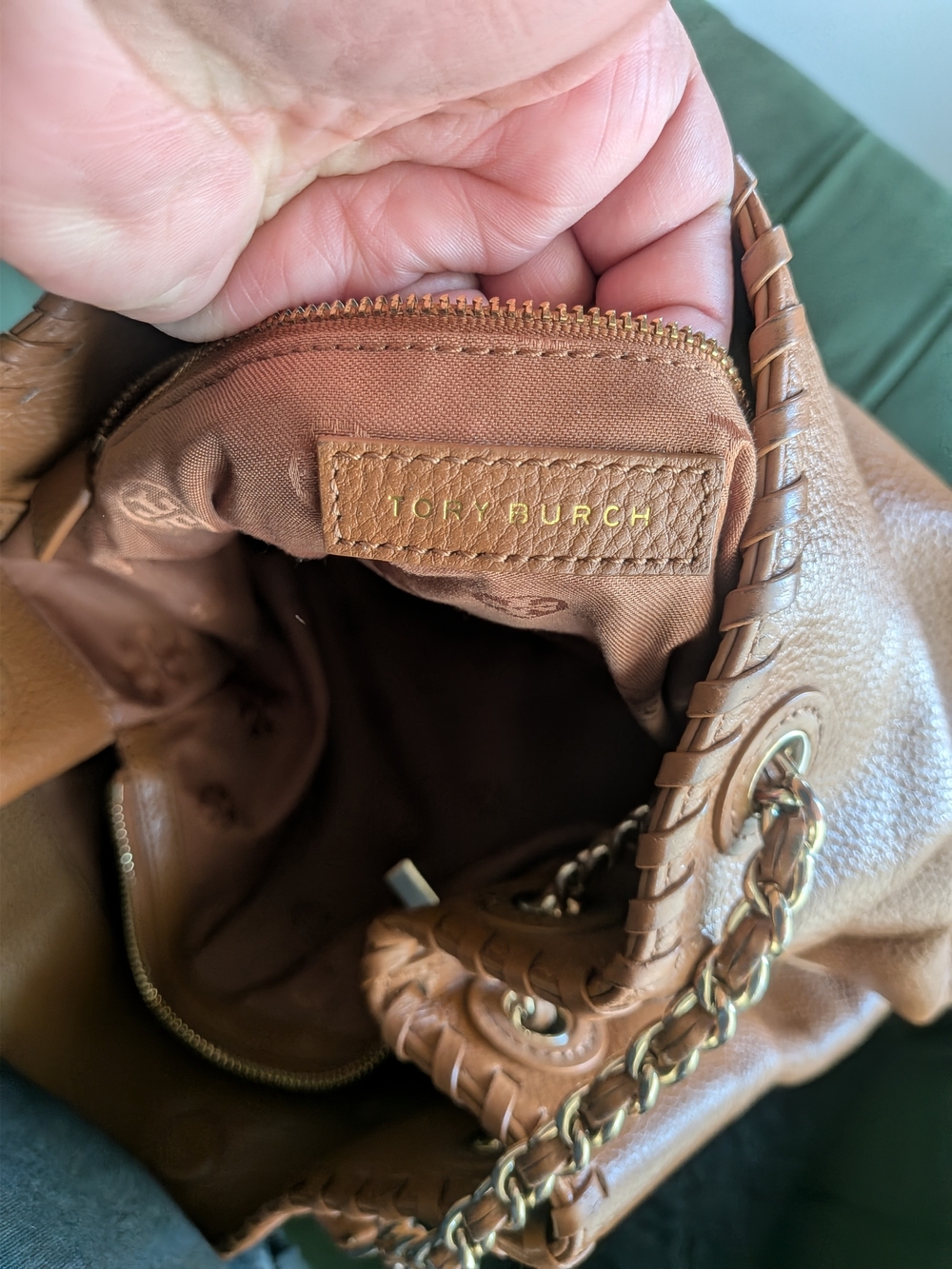 Tory Burch Marion Leather Chain Slouchy Shoulder Tote Bag – Tan/Bark - Picture 14 of 14
